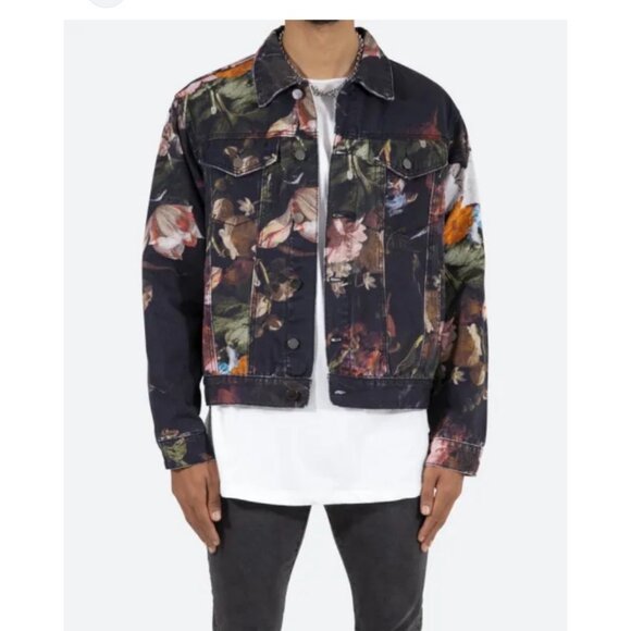 Mens MNML Floral Denim Trucker Jacket S Heavyweight Cotton All-Over Print - Picture 3 of 16
